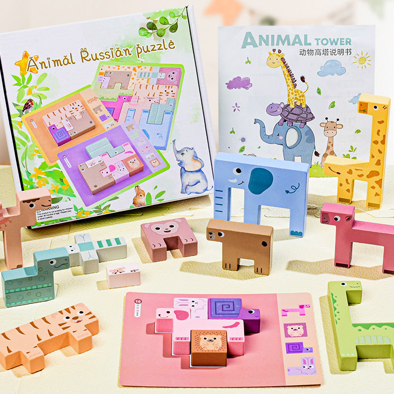 Montessori animal logic spatial wooden puzzle with cards