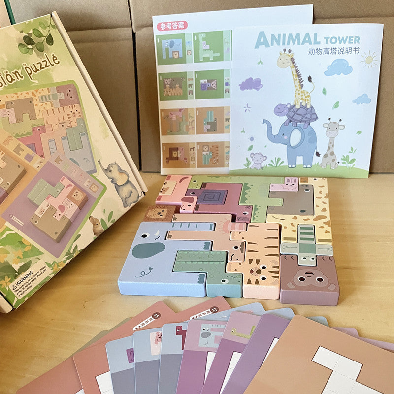 Montessori animal logic spatial wooden puzzle with cards