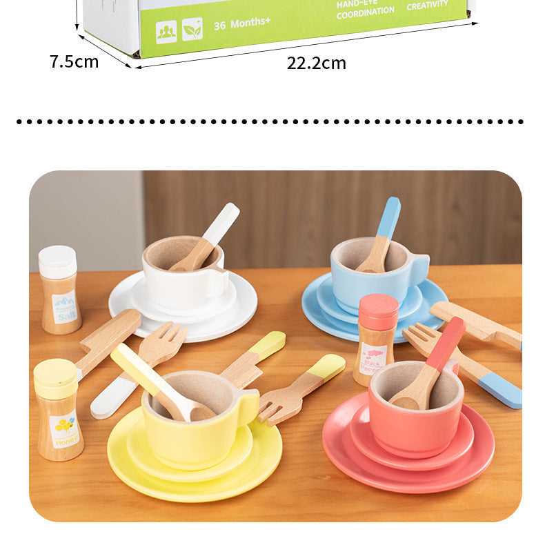 Kinmilo wooden pretend play kitchen dishes, cups, utensils and accessory details
