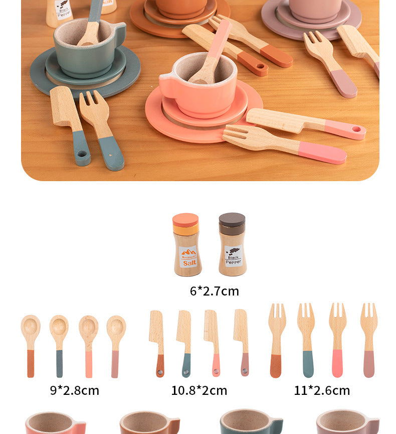 Kinmilo wooden pretend play kitchen dishes, cups, utensils and accessory details