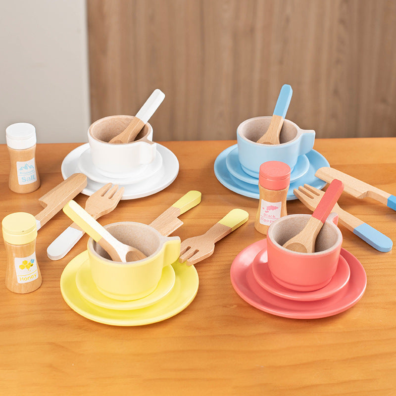 Kinmilo wooden pretend play kitchen dishes, cups, utensils and accessory details