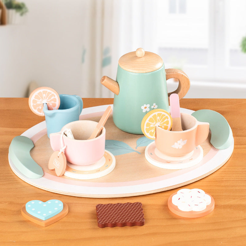 Kinmilo wooden afternoon tea set photo: product styling, accessory closeups and component sizes