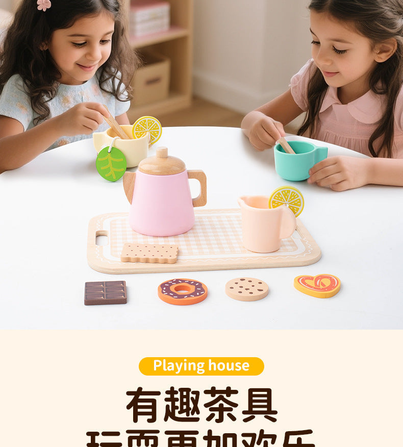 Kinmilo wooden afternoon tea set photo: product styling, accessory closeups and component sizes