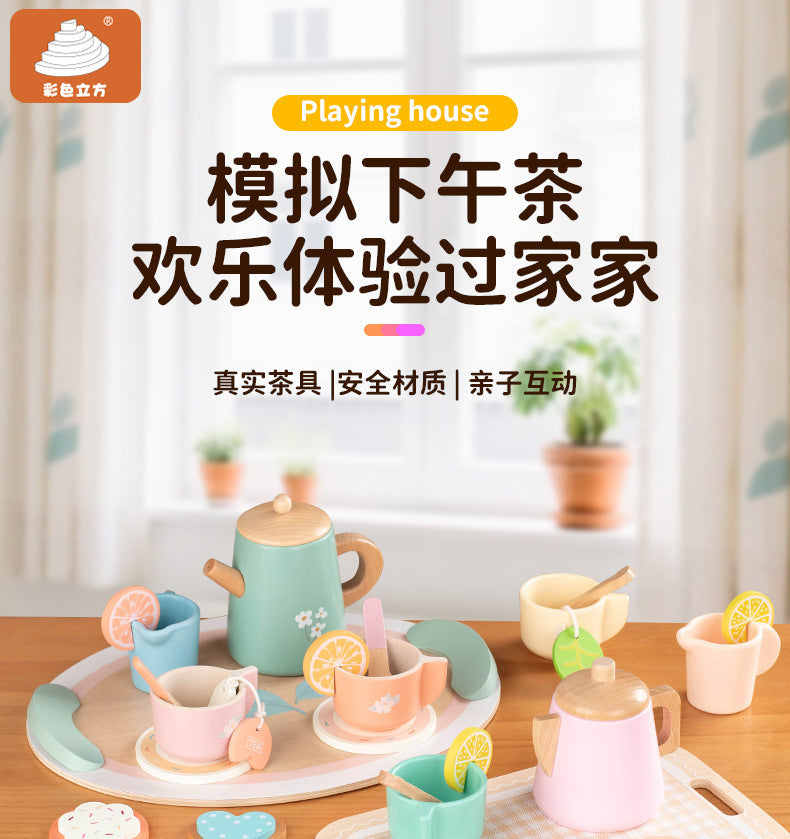Kinmilo wooden afternoon tea set photo: product styling, accessory closeups and component sizes