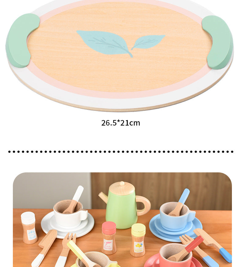 Kinmilo wooden afternoon tea set photo: product styling, accessory closeups and component sizes