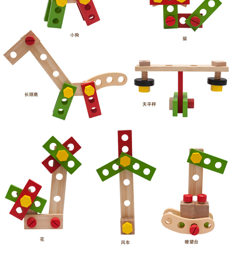 Wooden nut and bolt construction pieces assembled into windmills