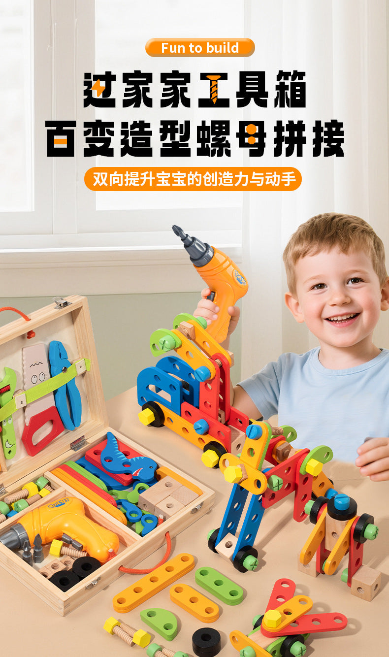 Child constructing windmills and cars with wooden tools