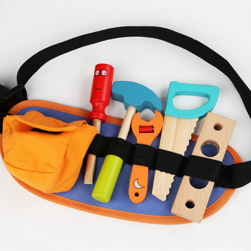 Toy tool belt pouch with pretend wrench hammer saw and screwdriver