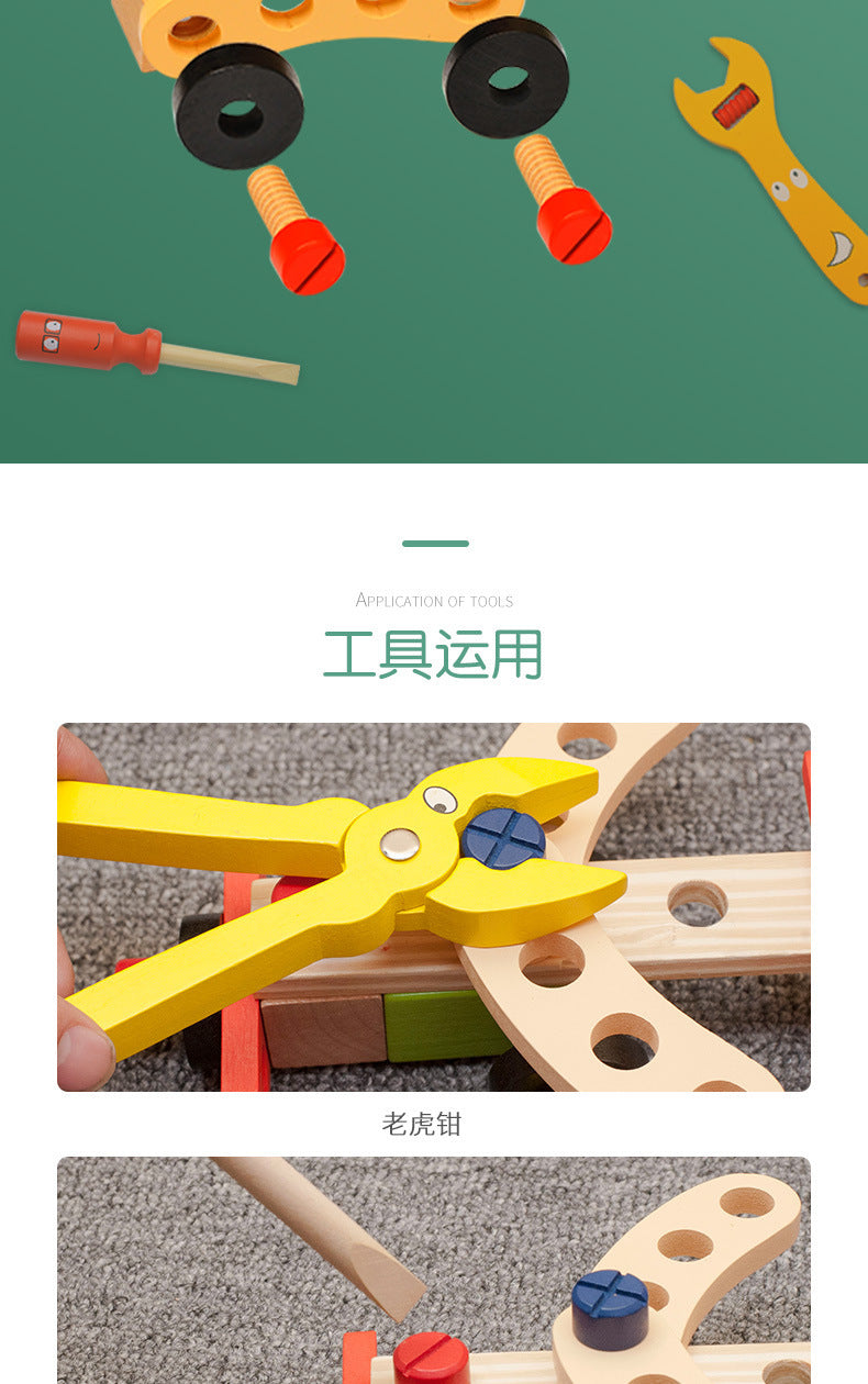 Pretend hand tool children tightening nuts in wooden board