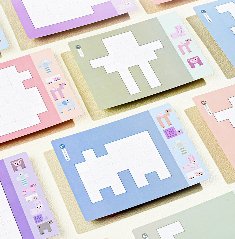 Kinmilo wooden animal spatial logic puzzle design, dimensions and 16 challenge card details