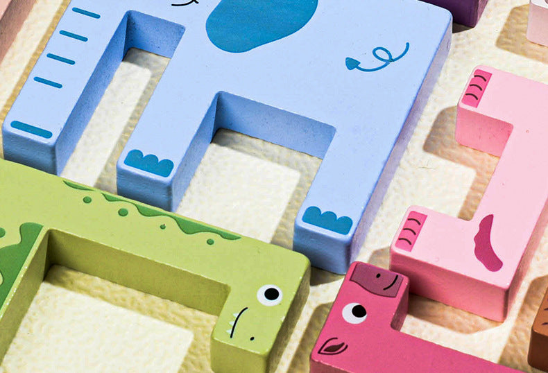 Kinmilo wooden animal spatial logic puzzle design, dimensions and 16 challenge card details
