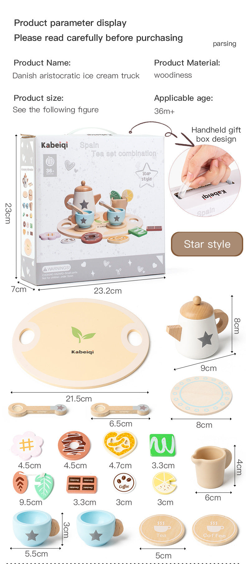 Kinmilo wooden pretend play ice cream cart and afternoon tea set