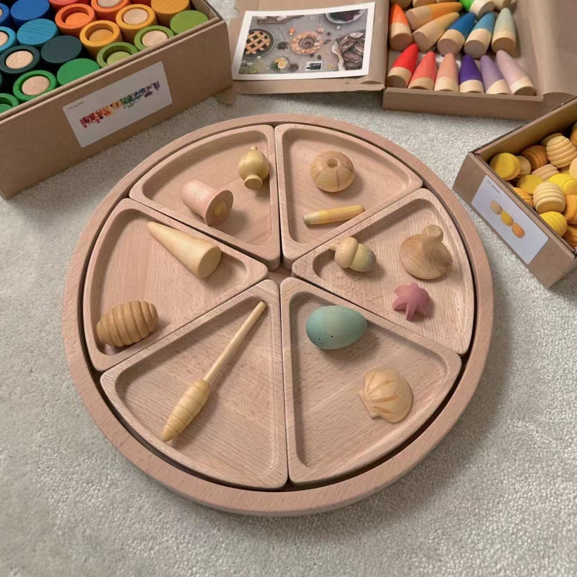 Sensory sorting tray, compartments, dimensions and Montessori fine-motor activity details