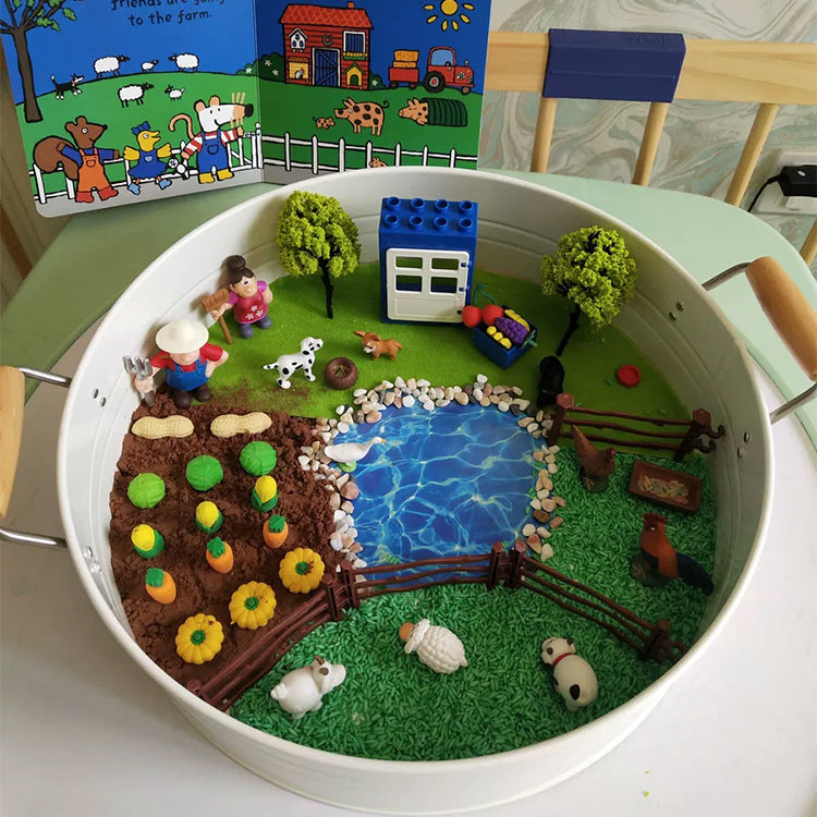 Wooden and metal sensory bin with sorting trays and component details