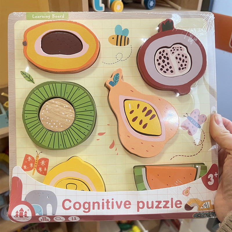 Montessori wooden learning puzzle board with colorful removable pieces