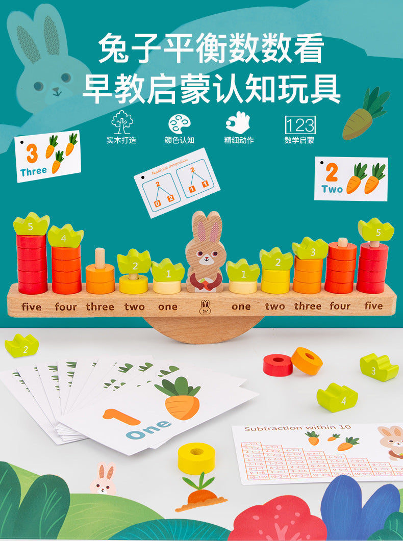 Kinmilo wooden rabbit counting balance, components, measurements and learning activity details