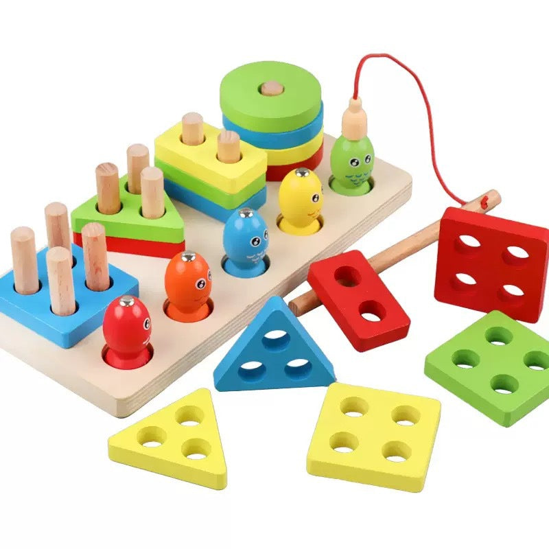 Kinmilo Montessori wooden geometric shape sorting and rainbow stacking set - design view 12