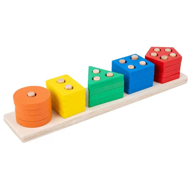 Kinmilo Montessori wooden geometric shape sorting and rainbow stacking set - design view 16