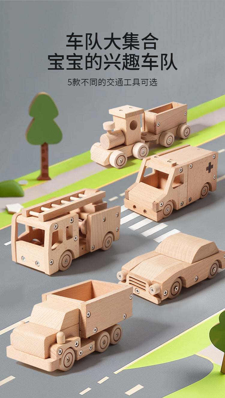 Kinmilo wooden vehicles product photography with play details and dimensions
