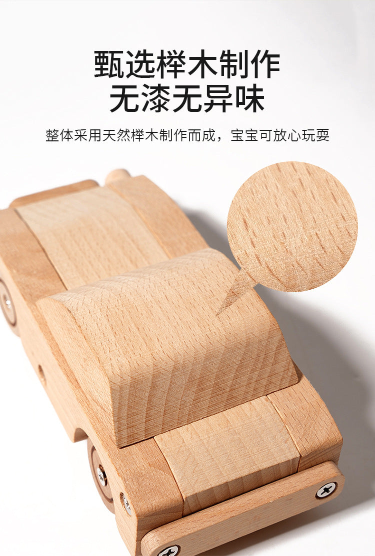 Kinmilo wooden vehicles product photography with play details and dimensions