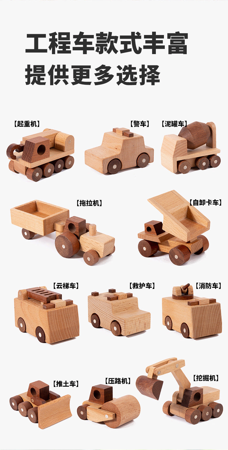 Kinmilo wooden vehicles product photography with play details and dimensions