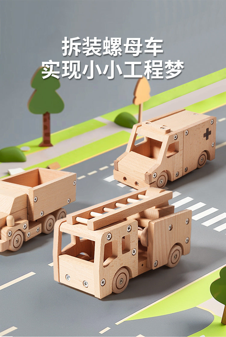 Kinmilo wooden vehicles product photography with play details and dimensions