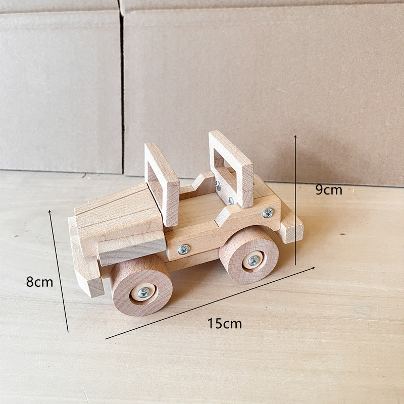 Kinmilo wooden vehicles product photography with play details and dimensions