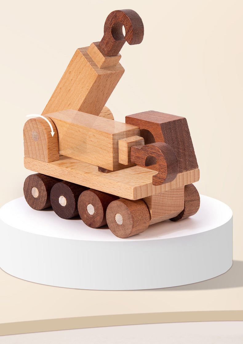 Kinmilo wooden vehicles product photography with play details and dimensions