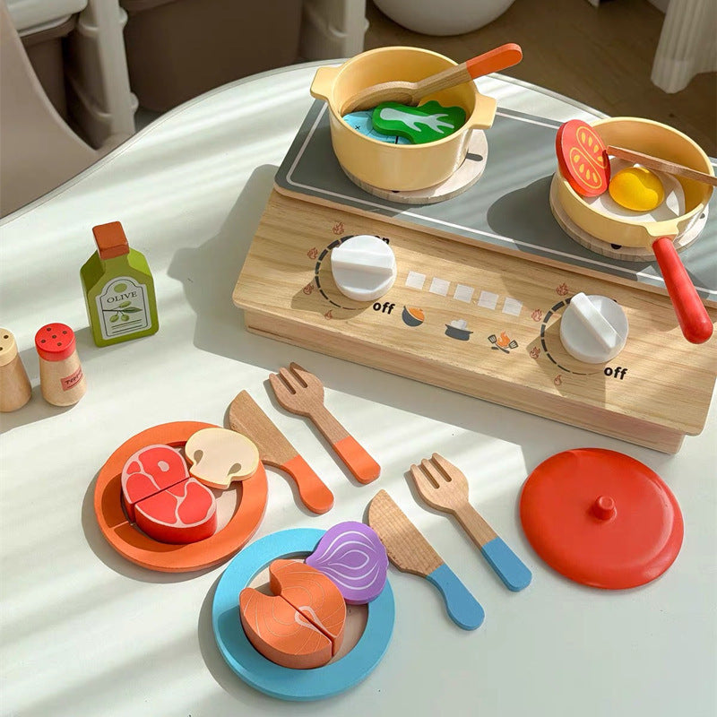 Kinmilo wooden tabletop two-burner play kitchen with cookware, toy food and utensils