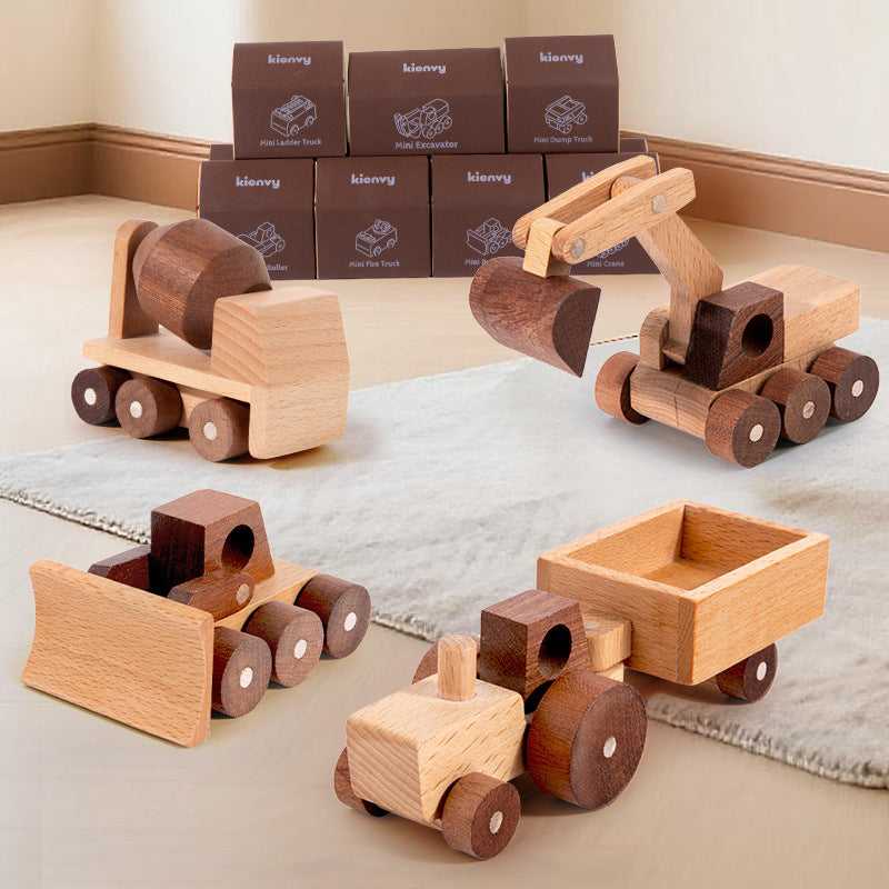 Kinmilo wooden vehicle collection featuring work trucks fire engines excavators farm tractors and DIY assembly styles