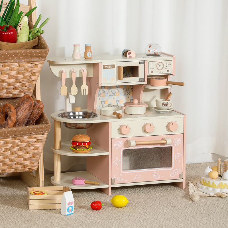 Kinmilo pink wooden play kitchen with oven sink and coffee station