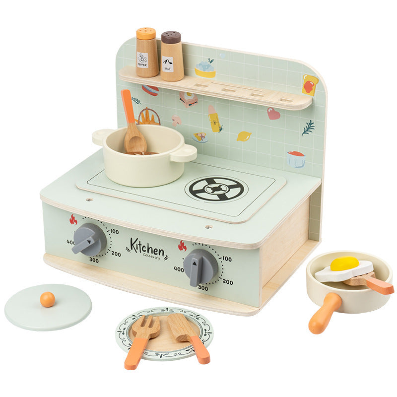 Wooden tabletop pretend cooking kitchen, clock kitchen or mint stove, detailed view 2