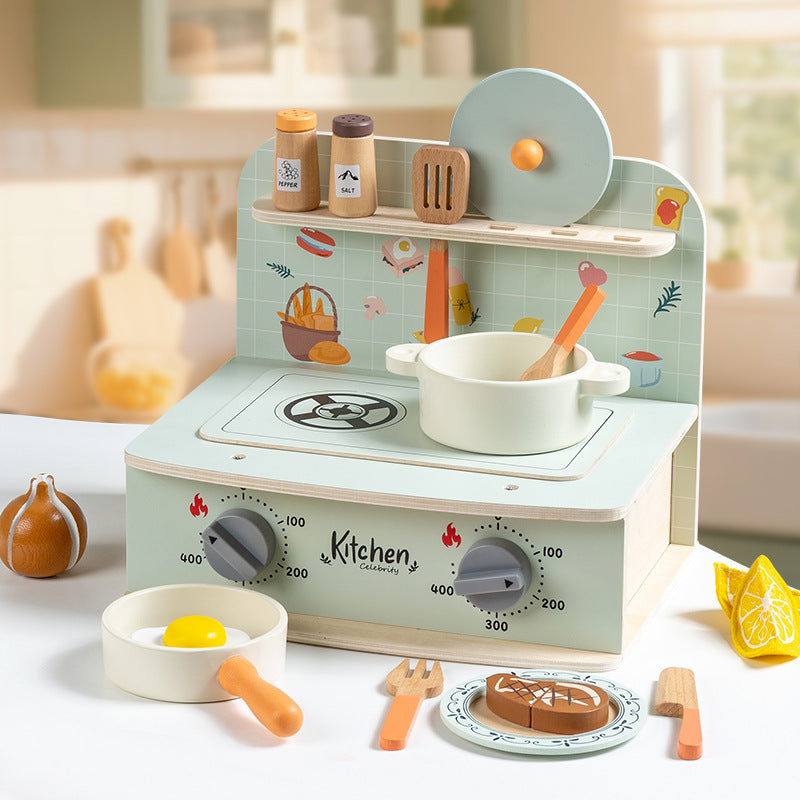 Wooden tabletop pretend cooking kitchen, clock kitchen or mint stove, detailed view 3