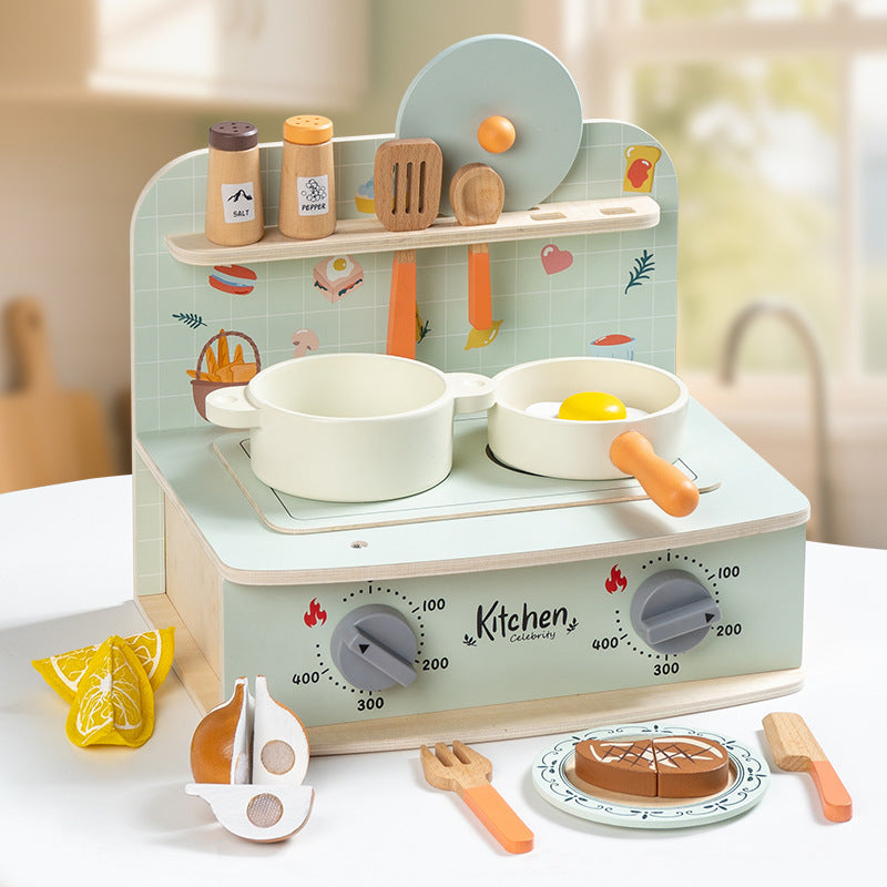 Wooden tabletop pretend cooking kitchen, clock kitchen or mint stove, detailed view 4