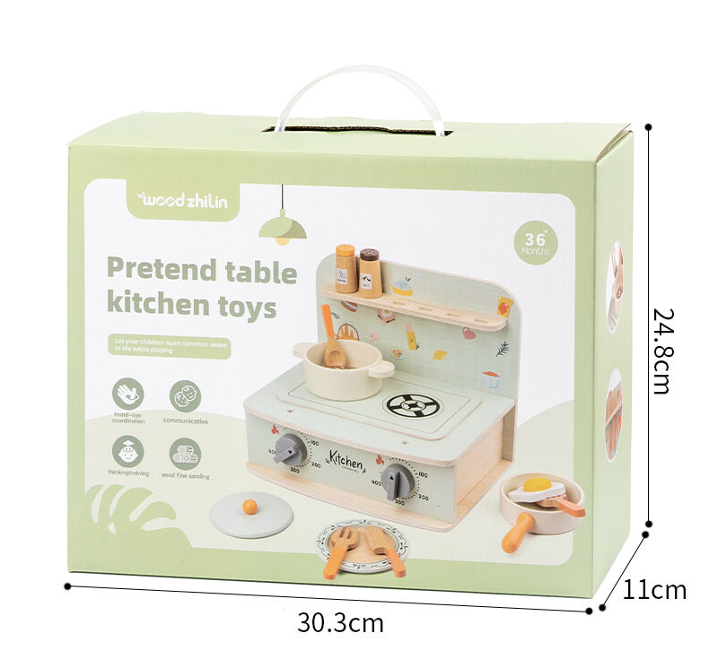 Wooden tabletop pretend cooking kitchen, clock kitchen or mint stove, detailed view 16