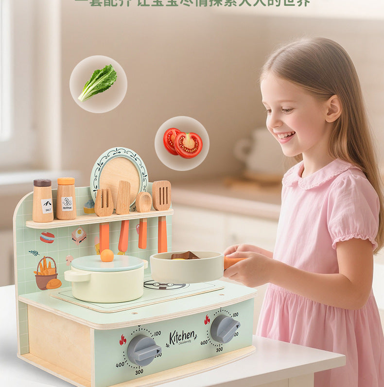 Kinmilo tabletop wooden pretend play kitchen, stove cooking accessories, illustrated play activity or specifications photo 77