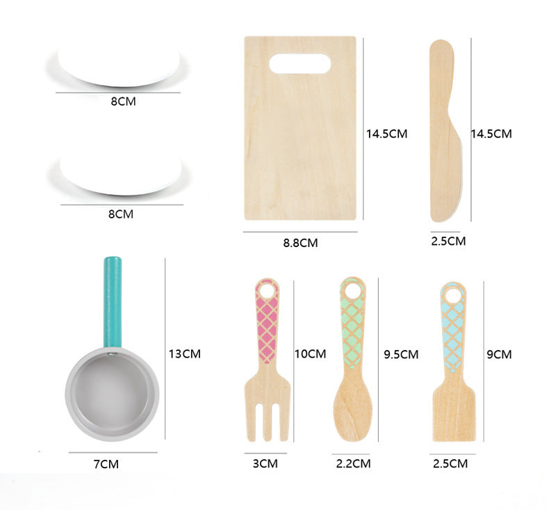 Wooden tabletop kitchen toy illustrated parts dimensions color variant and pretend cooking photograph 89