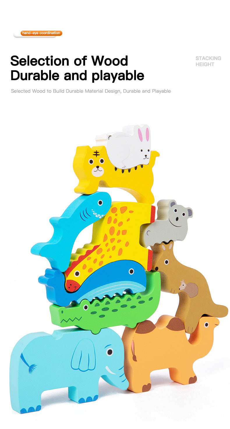 Colorful wooden animal balance stacking toy with rocking wooden base, detailed product photo 7