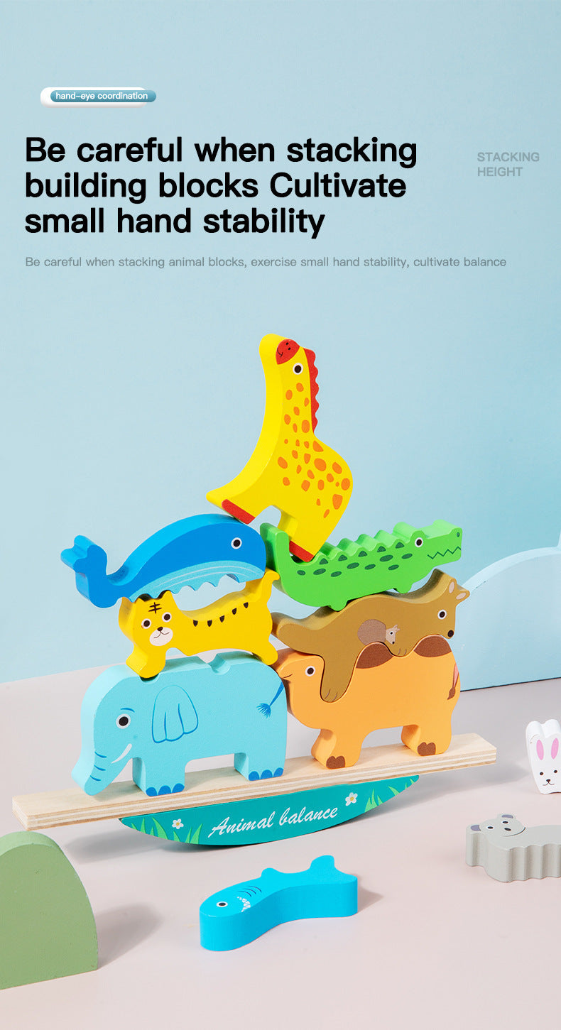 Colorful wooden animal balance stacking toy with rocking wooden base, detailed product photo 9