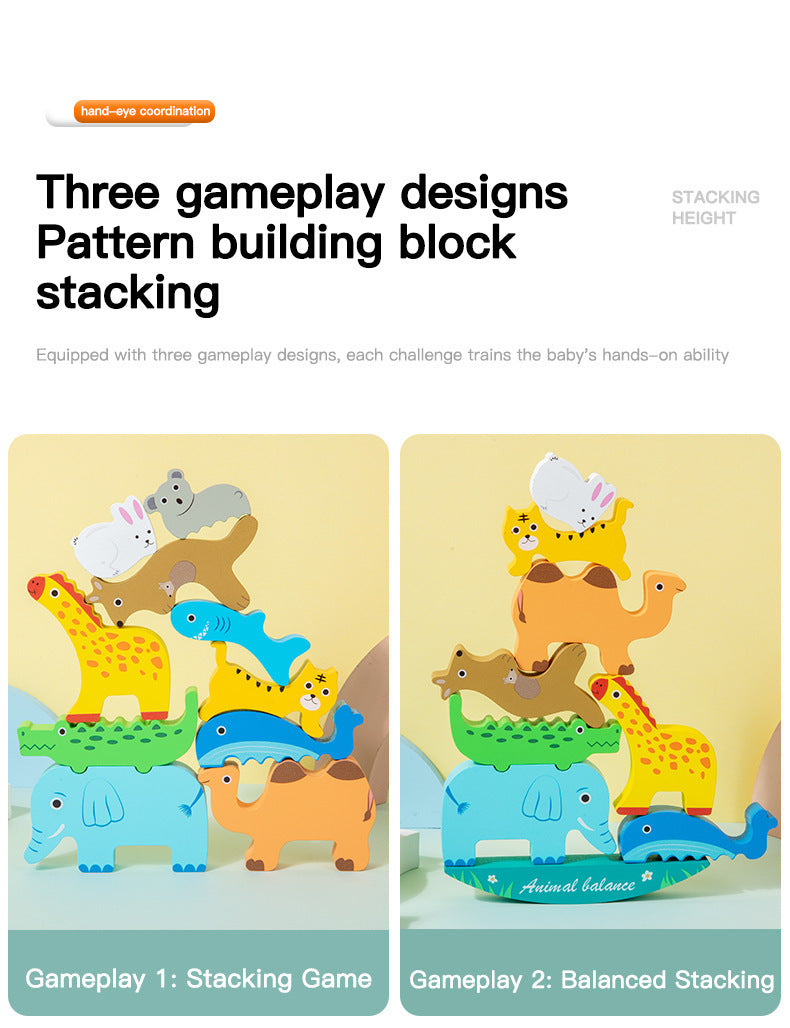 Colorful wooden animal balance stacking toy with rocking wooden base, detailed product photo 16