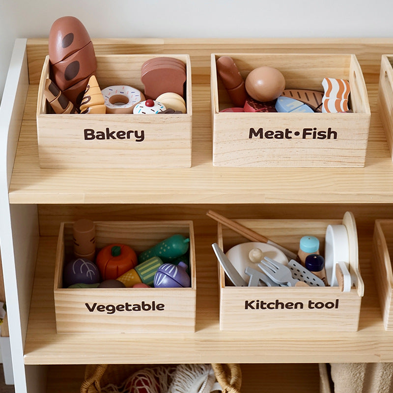 Kinmilo wooden pretend food market crate set, bakery fruit vegetable kitchen toy, detail 1