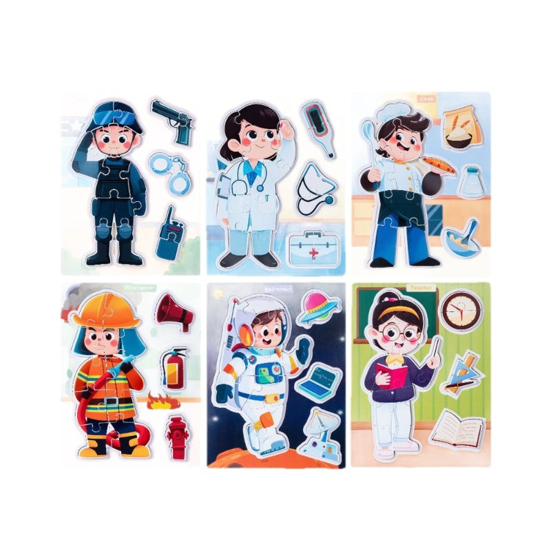 Wooden career recognition picture matching puzzle six occupation themes teacher astronaut doctor chef firefighter police
