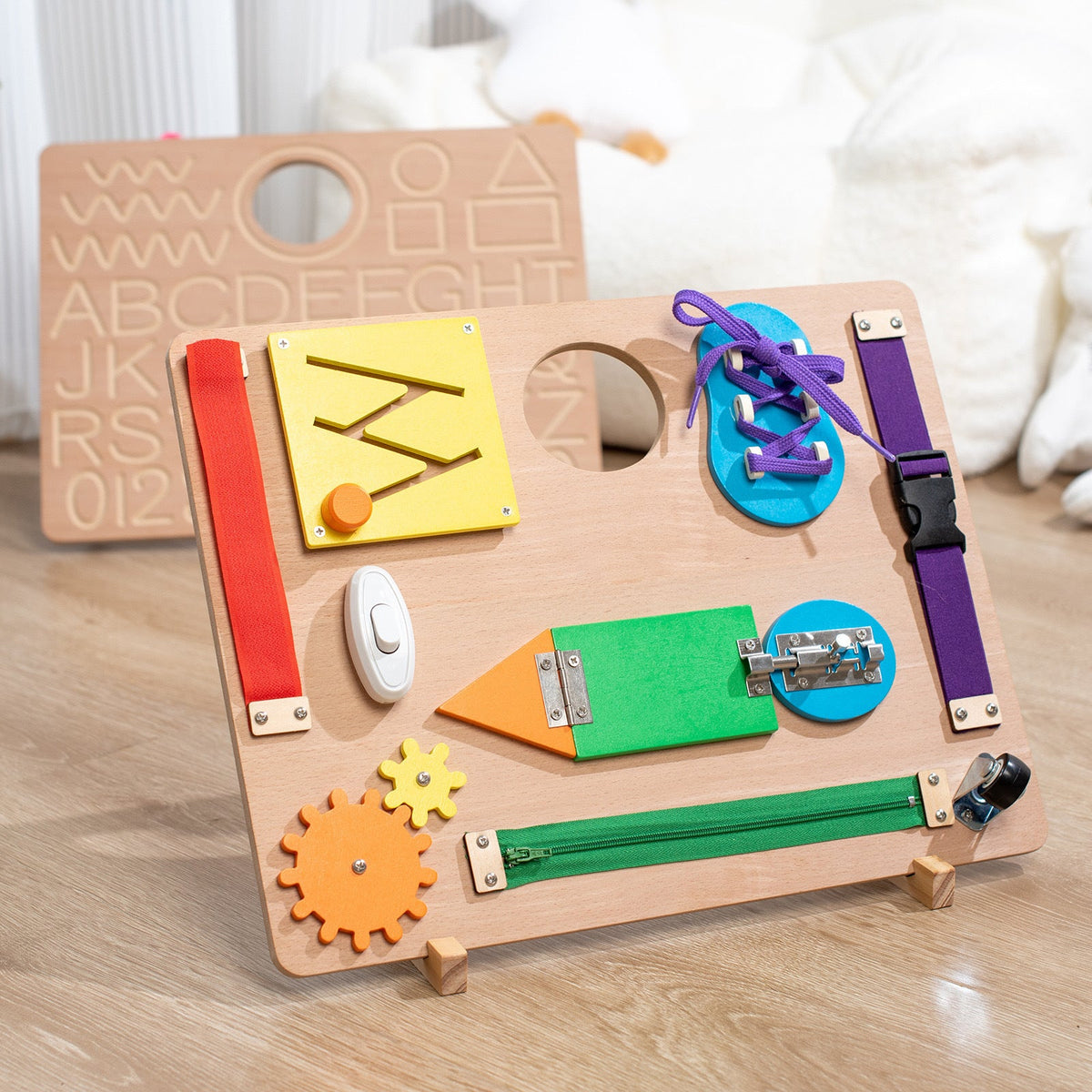 Kinmilo Montessori steering wheel, dressing, gears and practical-life wooden busy board – detail 33
