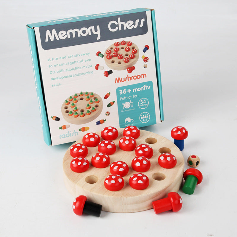 Mushroom memory board with colour dice and pegs