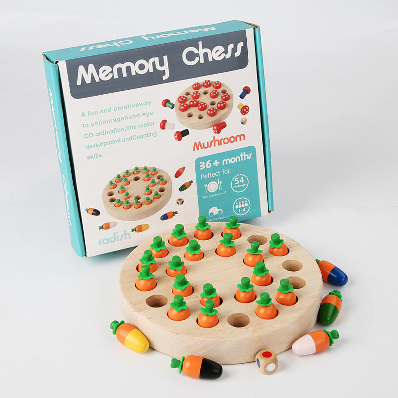 Kinmilo wooden memory chess peg board with colourful carrot pieces and wooden die