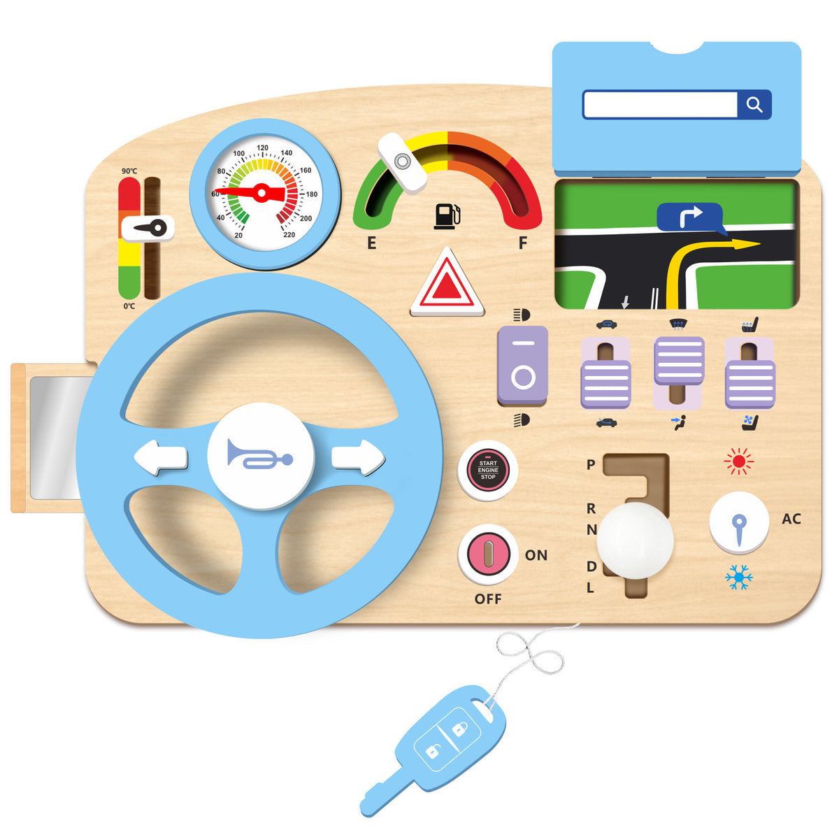 Kinmilo wooden Montessori steering wheel busy board with pretend driving controls and fine motor activities