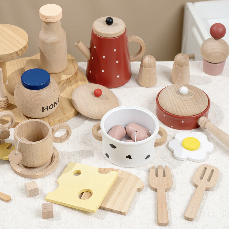 Kinmilo Wooden pretend play tea pot cups and spoon detailed arrangement