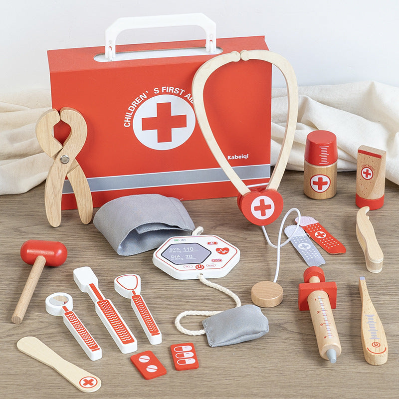 Kinmilo Wooden Doctor First Aid Pretend Play Set with Red Carry Bag or Red Carry Case