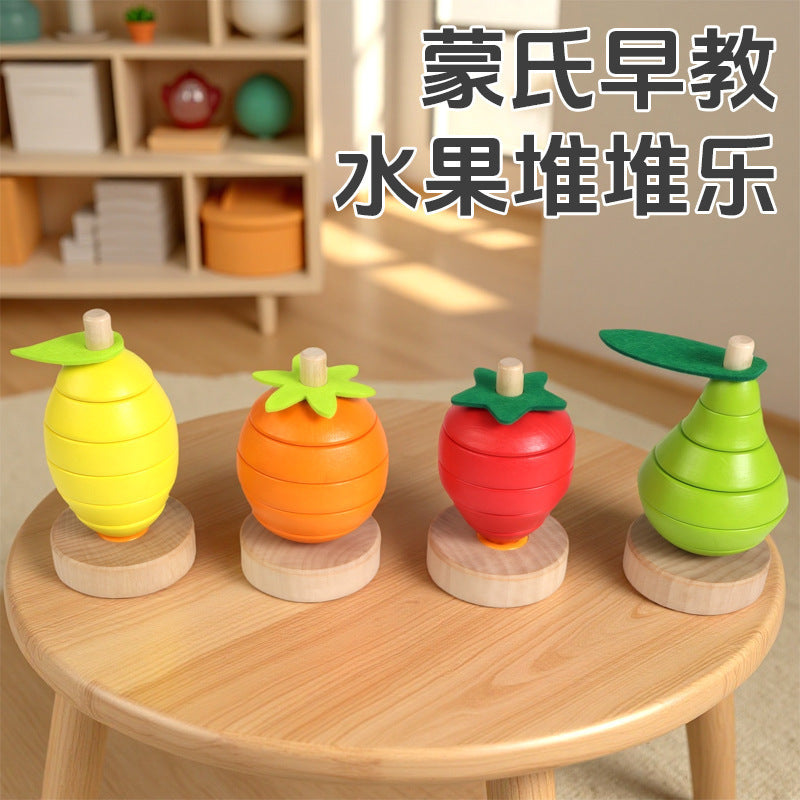 Four fruit Montessori wooden ring stacking toy product and detail photo 22
