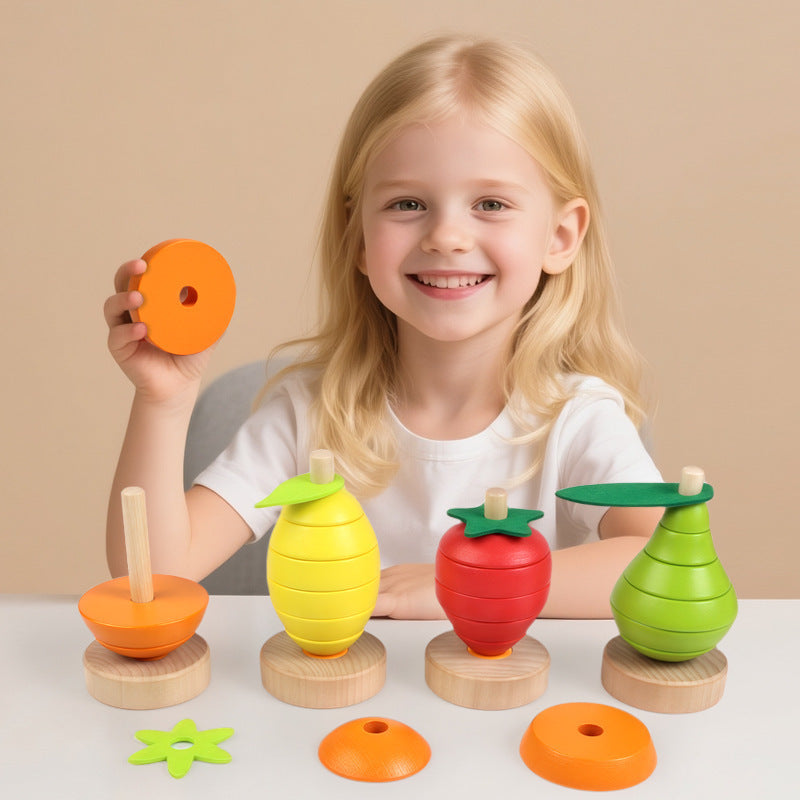 Four fruit Montessori wooden ring stacking toy product and detail photo 25